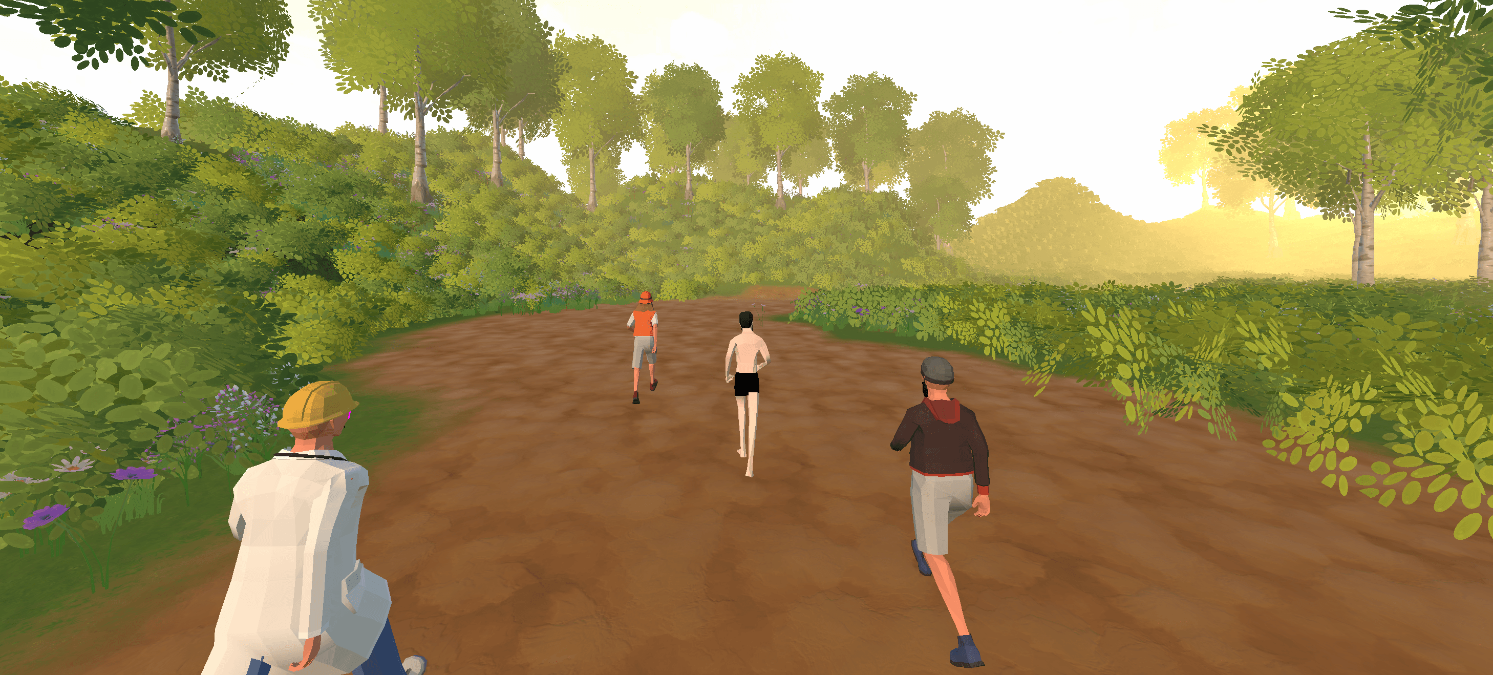 3D avatars racing together on a dirt trail through a lush forest at golden hour in the RunAI app